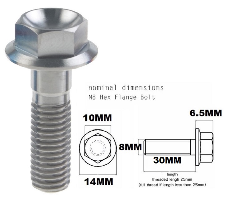 M8X30MM 1.25 THREAD PITCH TITANIUM FLANGE 10MM HEX BOLT GRADE 5